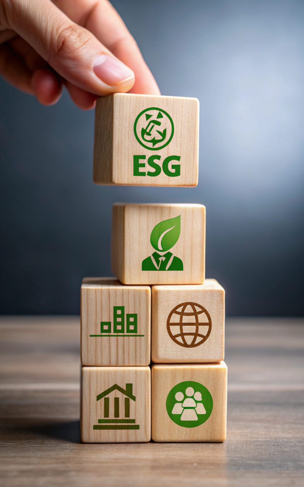 ESG concept of environmental, social and governance. Sustainable corporation development. Hand holds wooden cubes with abbreviation ESG standing with other ESG